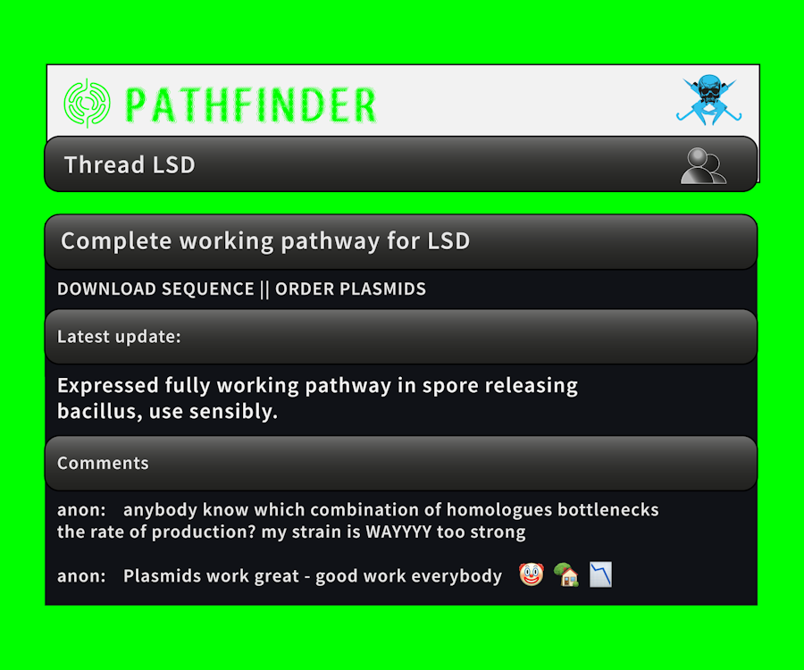 A screenshot of a fictional forum thread on "Pathfinder", a dark web forum
used to exchange DNA sequences.