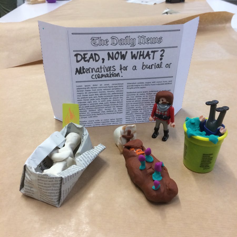 A diorama, entitled 'Dead, now what?', which speculates about future,
biodesigned burial rituals.